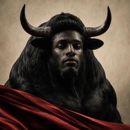 Portrait of the Black Bull, composed, with a red cape falling in front of him.